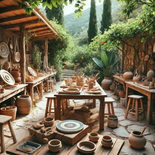 Doğal ortamda, Bodrum’da düzenlenen çömlek ve seramik kursu atölyesi. Masalarda çömlek yapım araçları, devam eden seramik projeleri ve el yapımı seramik eserler yer alıyor. Çevrede yeşil bitkilerle çevrili huzurlu bir açık hava çalışma alanı.