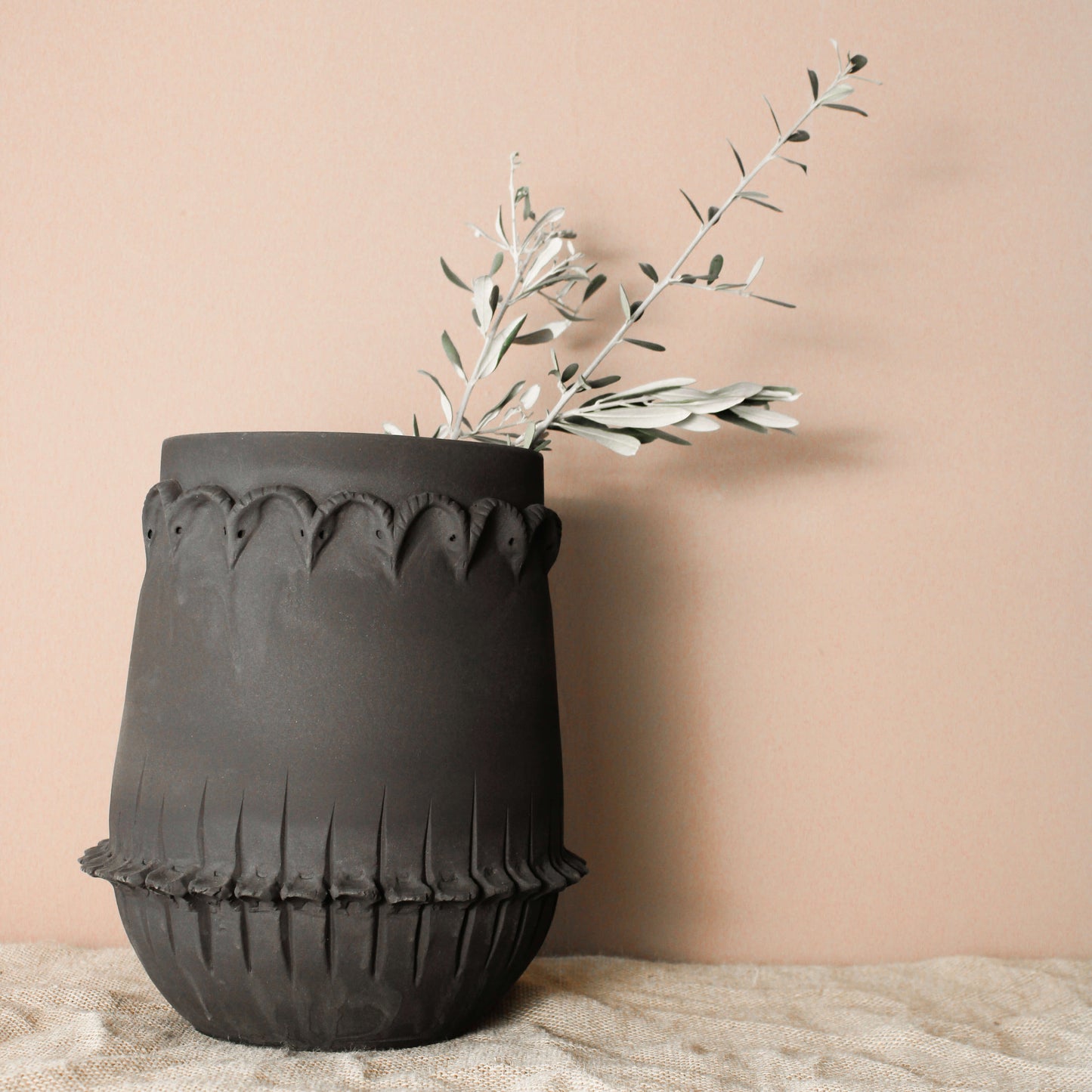 Handmade ceramic black vase with ram heads - Wild n Clay Ceramics