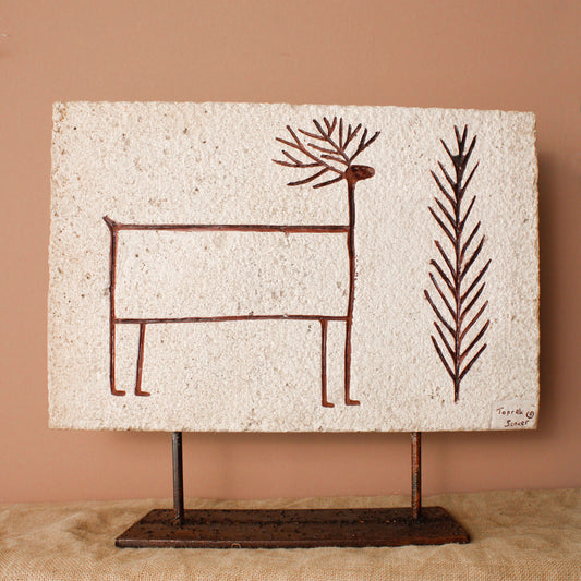 Deer and Pine Motif Carved Travertine Stone Panel- Wild n Clay Ceramics