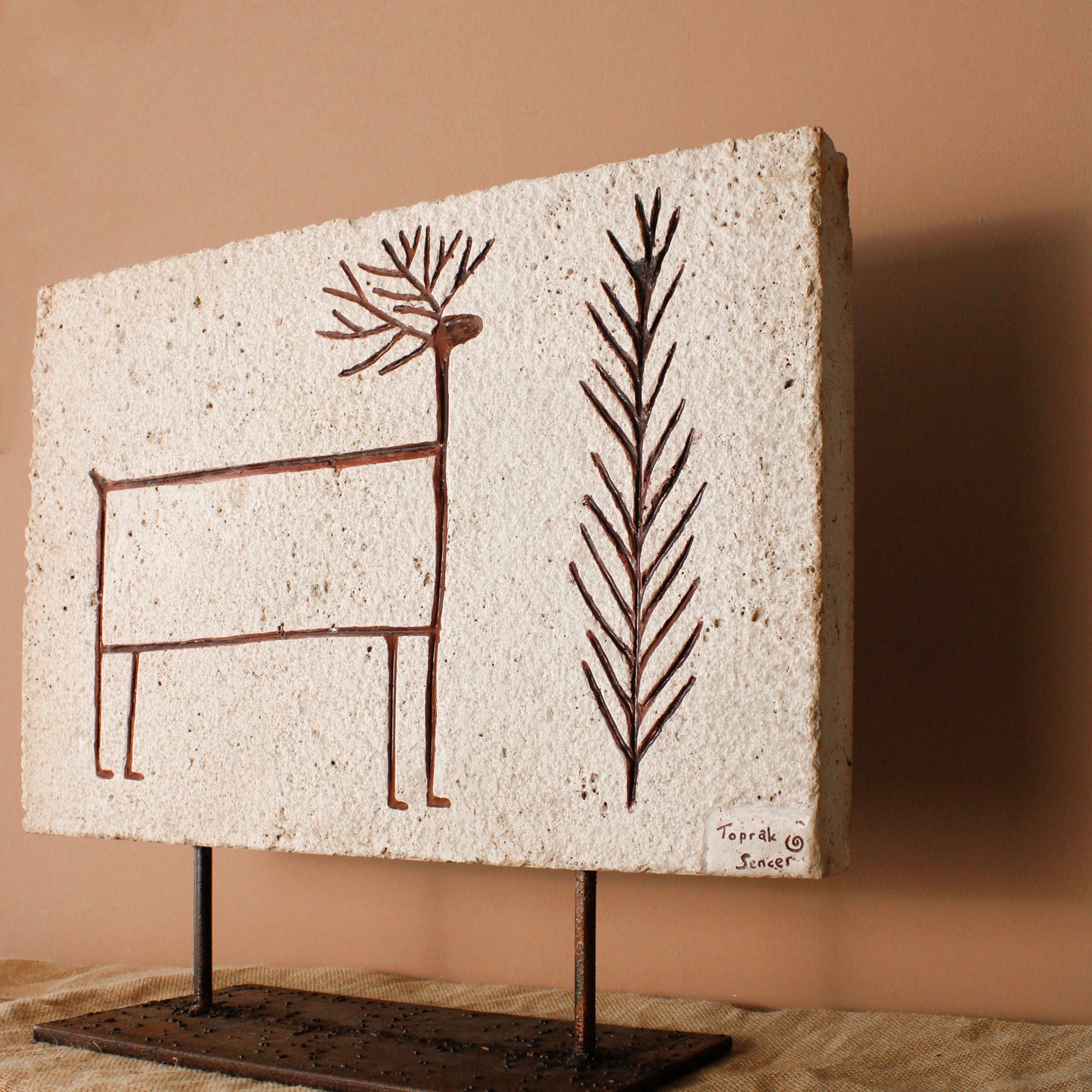 Deer and Pine Motif Carved Travertine Stone Panel- Wild n Clay Ceramics